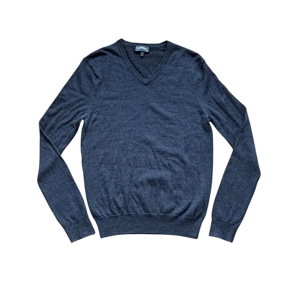 Men's Charcoal Gray Merino Wool Fine Knit V Neck Pullover Sweater Size M Express